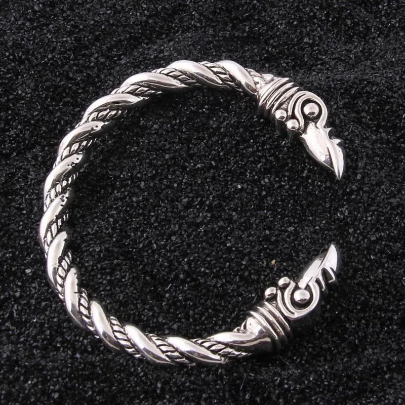 S925 Sterling Silver Norse Viking Rune Raven Bangle with Wood Box for Men and Women Gift
