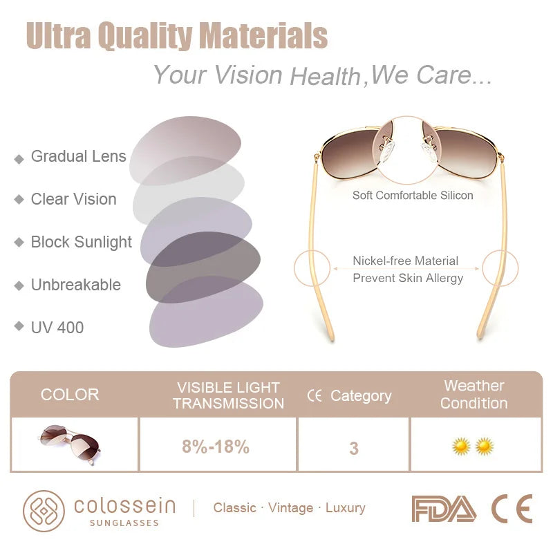 Colossein Luxury Vintage Sunglasses for Women Ultralight Driving Pilot Sunglasses for Men Gold Frame UV400 Eyewear
