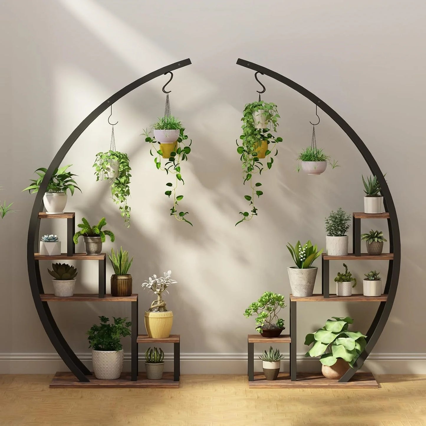 Plant Stand Indoor Outdoor 2 Pcs Metal Plant Shelf Tall Plants Holder with Plants Hanger Flower Display Rack for Garden Balcony