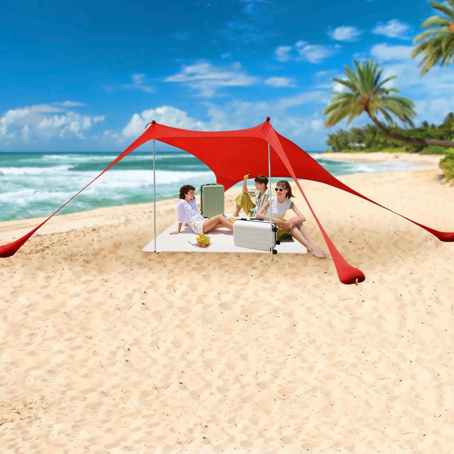 Red 2m x 1.6m Beach Elastic Sunshade Outdoor Tent for 2-3 People Ideal for Beach Camping Fishing and Backyard Picnics