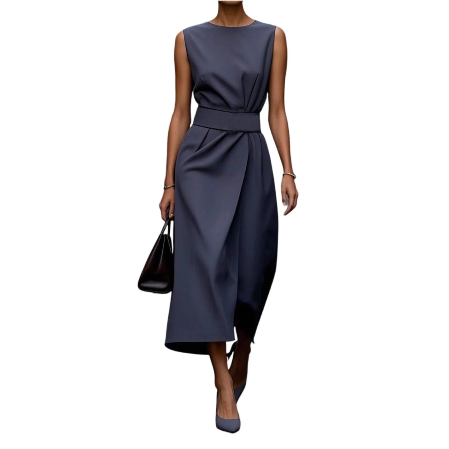 Plus Size Womens Zipper Sleeveless Round Neck Dress Belt
