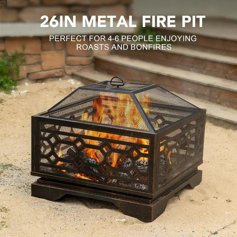 Large Square Metal Fireplace With Mesh Cover And Fire Poker For Patio Backyard Garden Bonfire Party