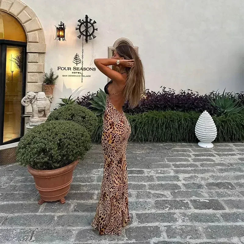 Women Halter Lace Leopard Print Maxi Dress Backless