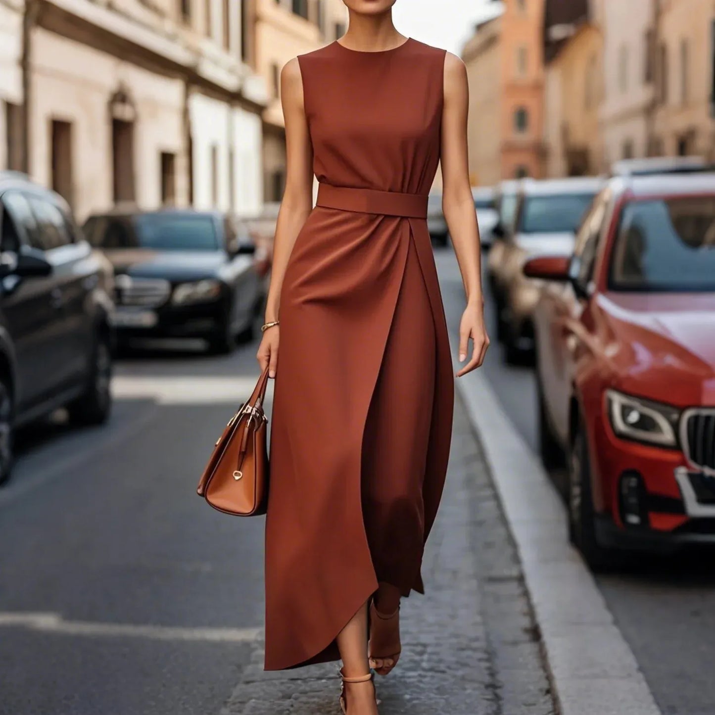 Plus Size Womens Zipper Sleeveless Round Neck Dress Belt