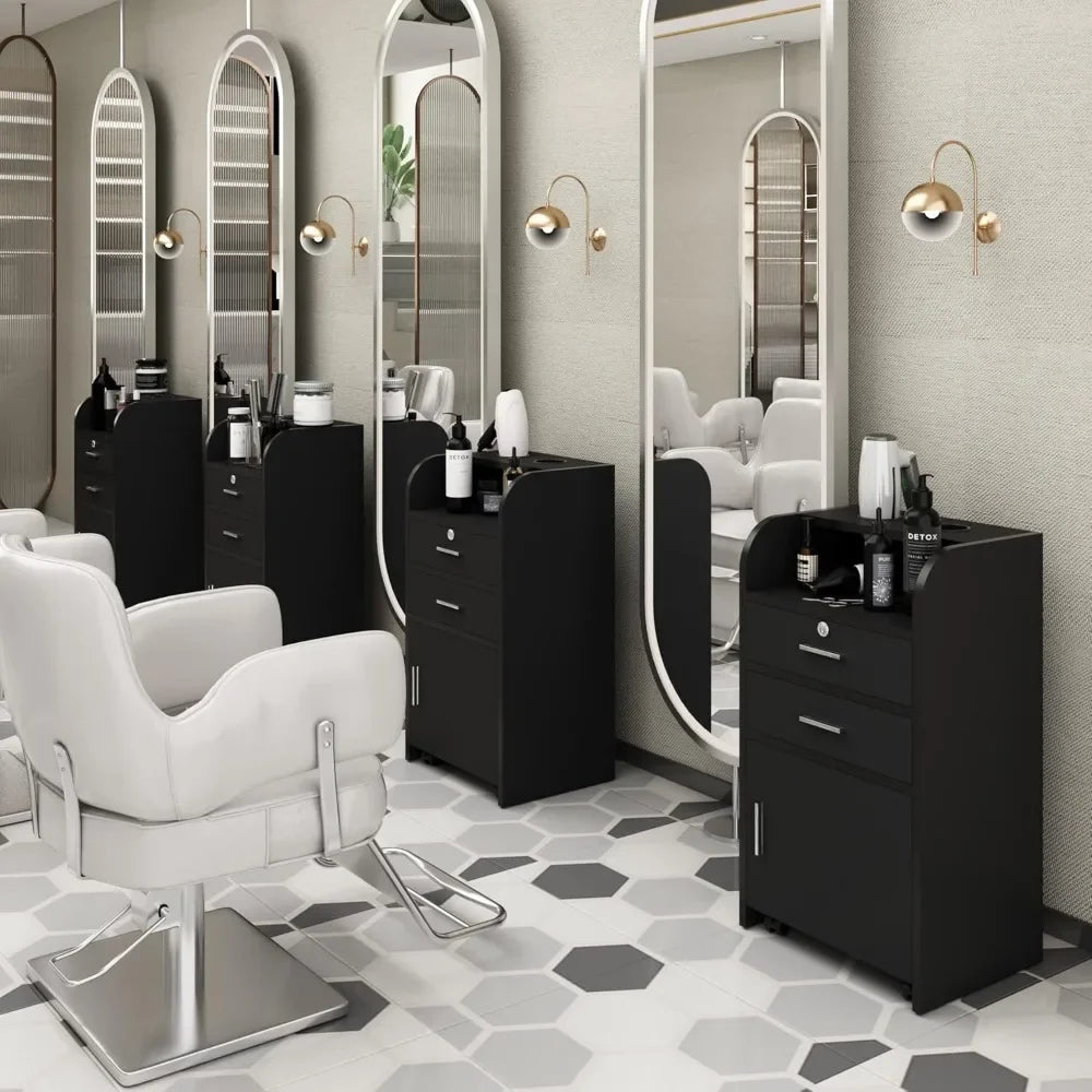 Beauty Salon/Barber Storage Cabinet Station with Locking Drawer and 4 Wheels, Hair Stylist Station with 2 Hair Dryer Holders