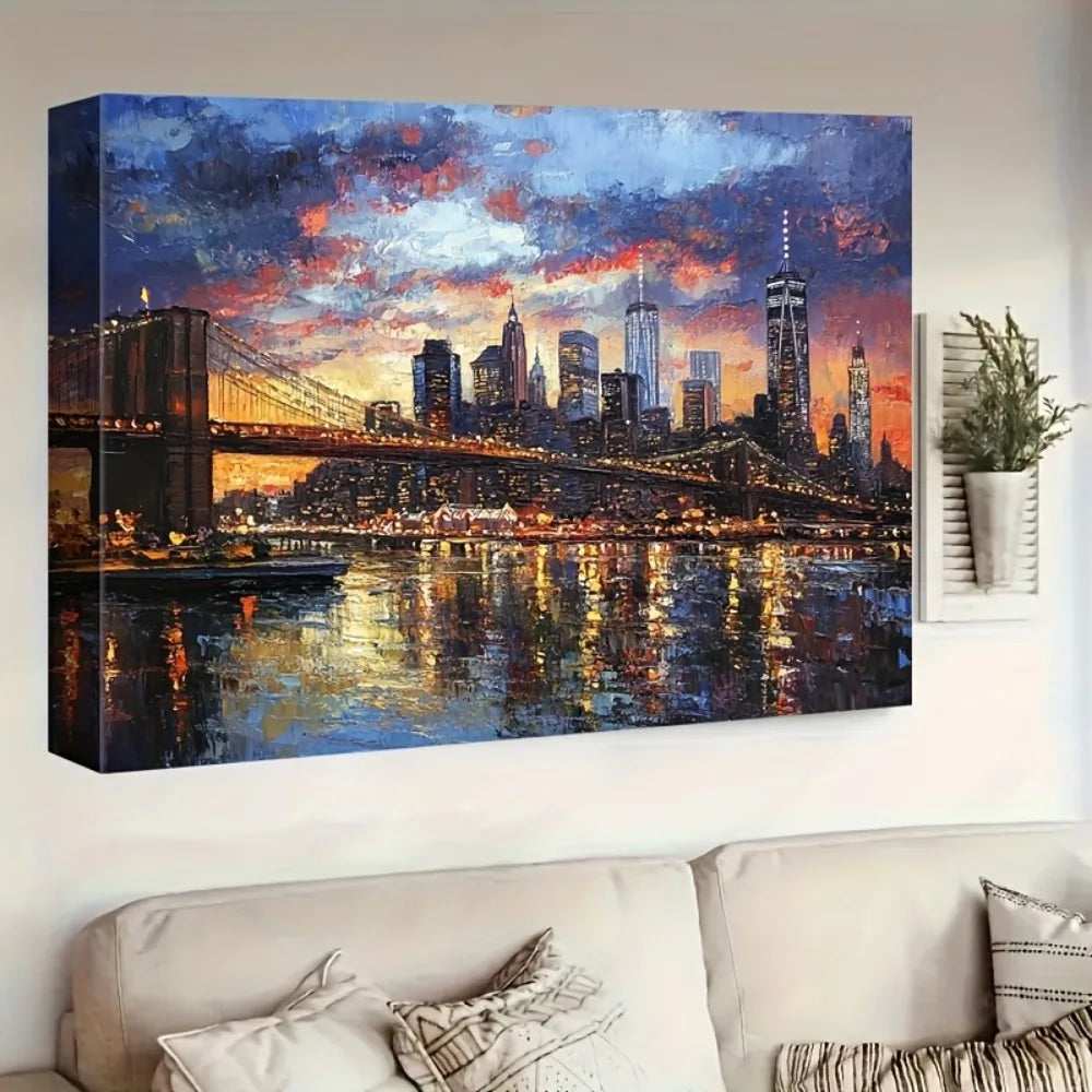 1 framed modern canvas print poster, cityscape New York City skyline canvas wall art, 1.5 "thick pine solid wood frame
