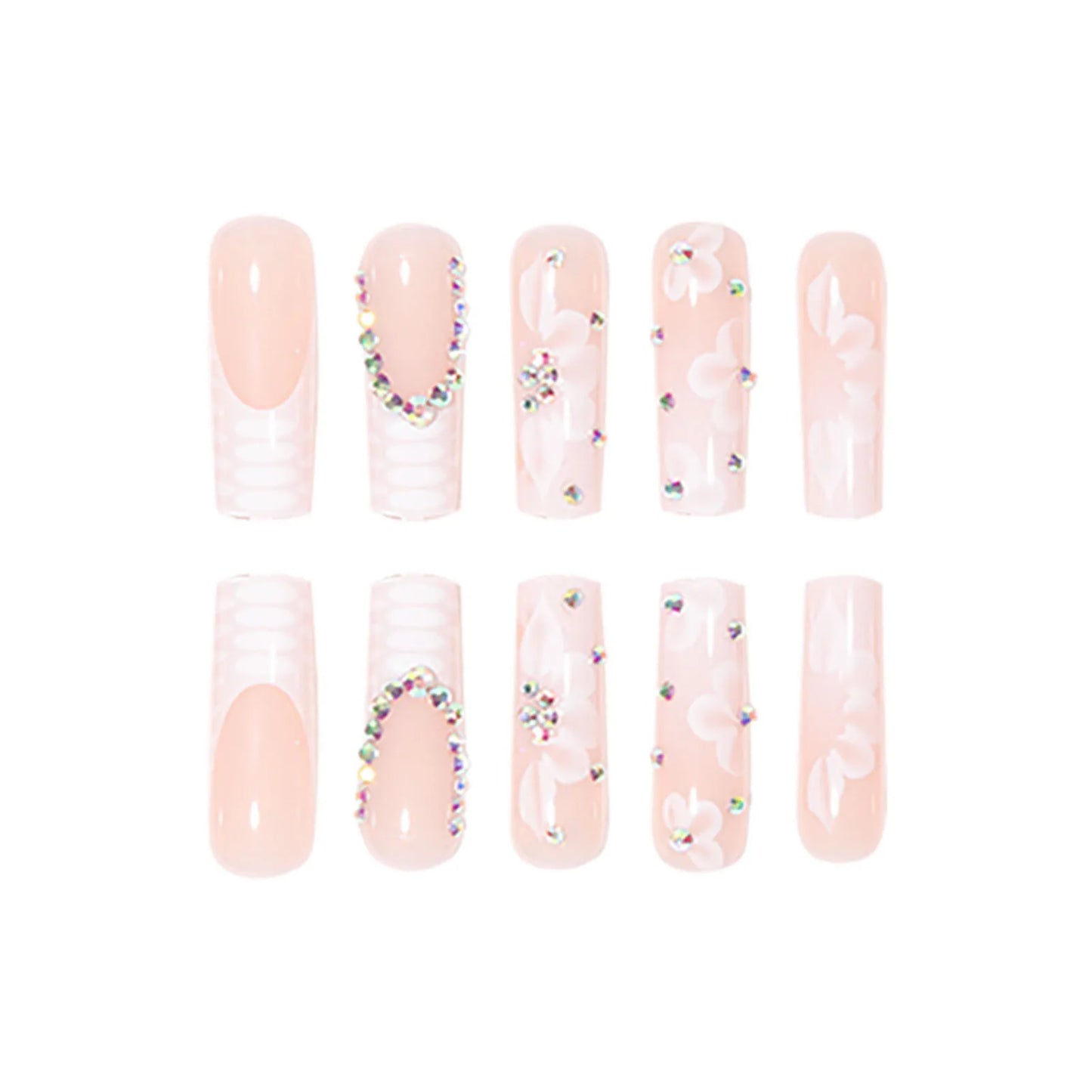 Rhinestone White Long Square Fake Nails UV Gel Set Party