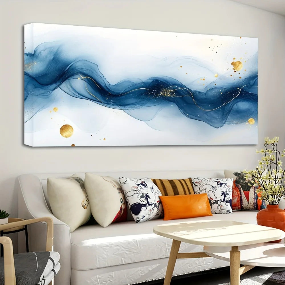 1.5 inch thick pine solid wood frame, living room wall art, large abstract gold and blue gradient painting, interior decoration