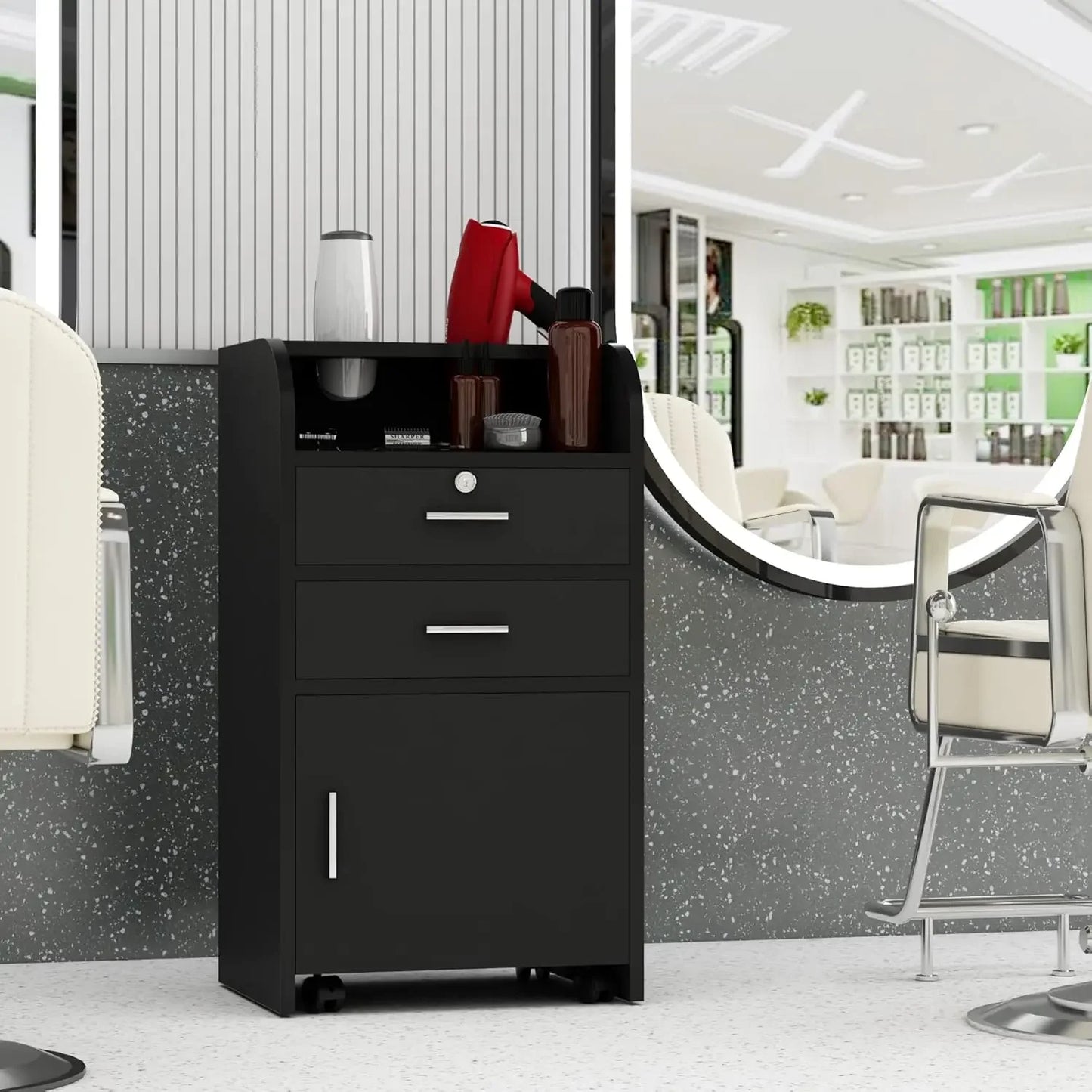 Beauty Salon/Barber Storage Cabinet Station with Locking Drawer and 4 Wheels, Hair Stylist Station with 2 Hair Dryer Holders