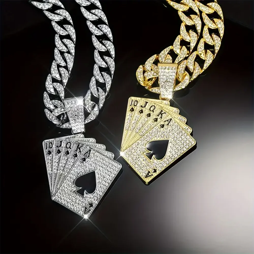 18K Gold Plated Hip Hop Iced Out Spades Playing Card Necklace Men's Personalized Street Rock Trend Jewelry