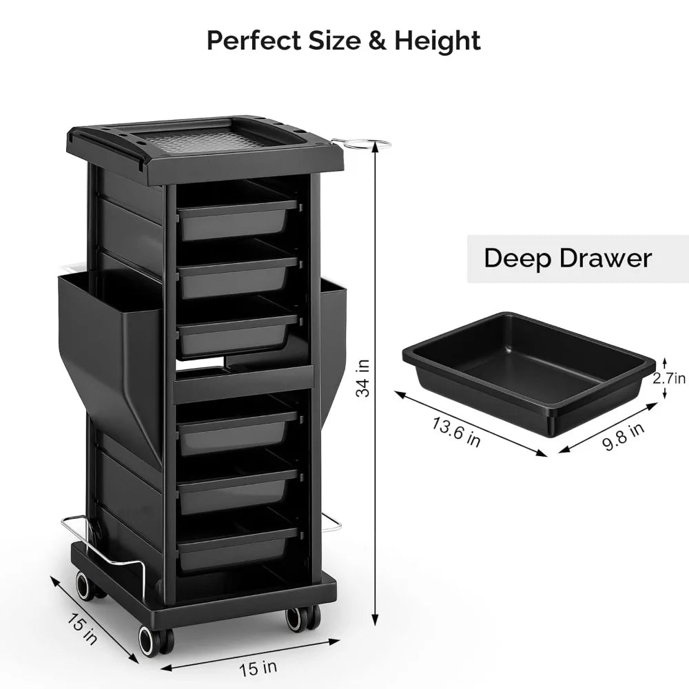 Salon Trolley with 6 Drawers & Dryer Holder, Mobile Storage Station Hairstylist Cart with Wheels for Beauty Tattoo Hairdressing