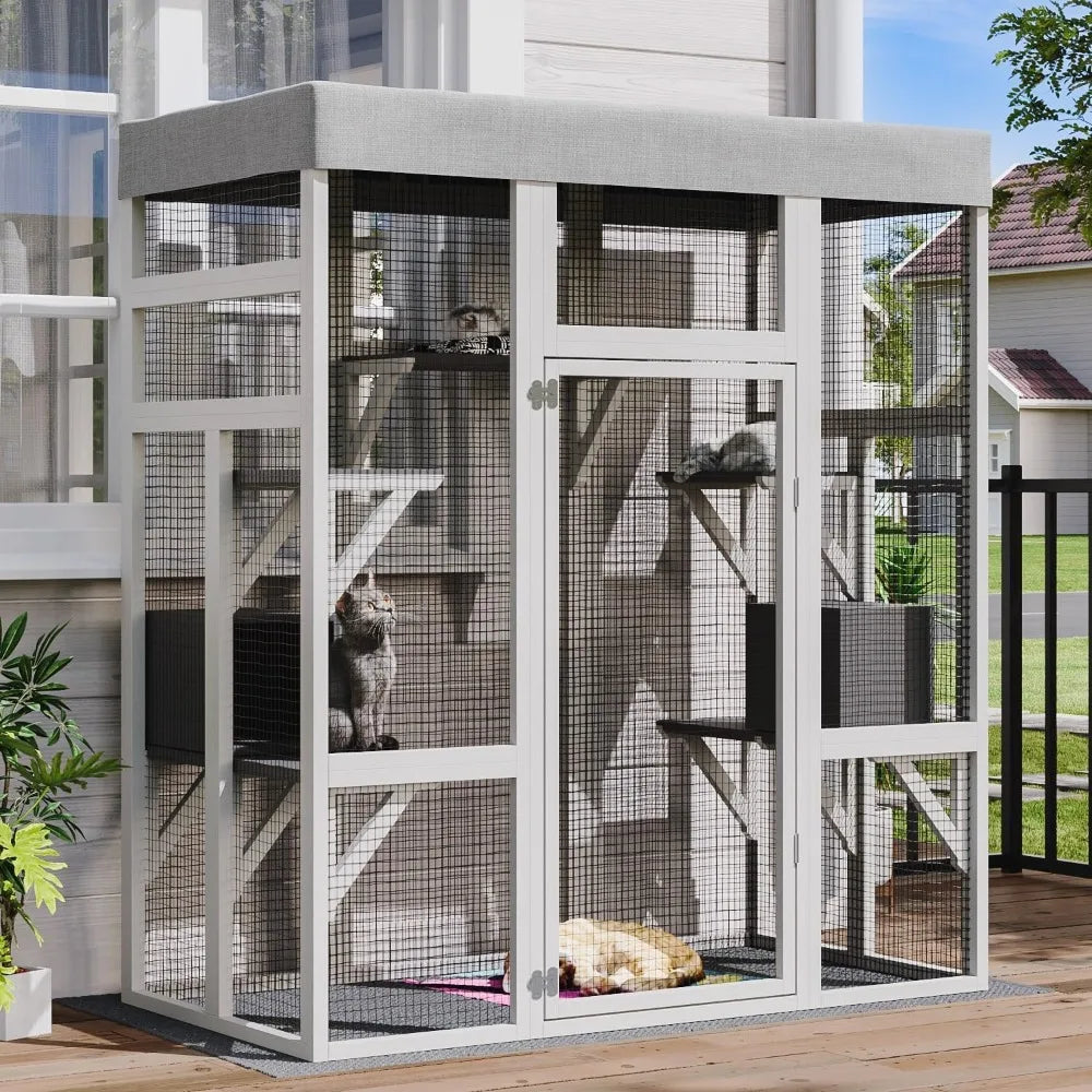 62.6" Spacious Wooden Catio Outdoor Enclosure with Waterproof Canopy, Secure House for Pets, Catio Outdoor Cat Cage Shelter, Gre