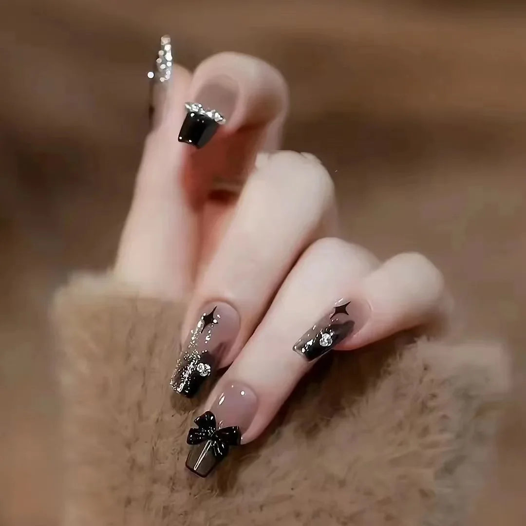 24 Pcs 3D Kuromi Press On Nails Y2K Cartoon Handmade Fake Nails Black Gel Wearable Nails Cinnamoroll Melody Anime False Nails