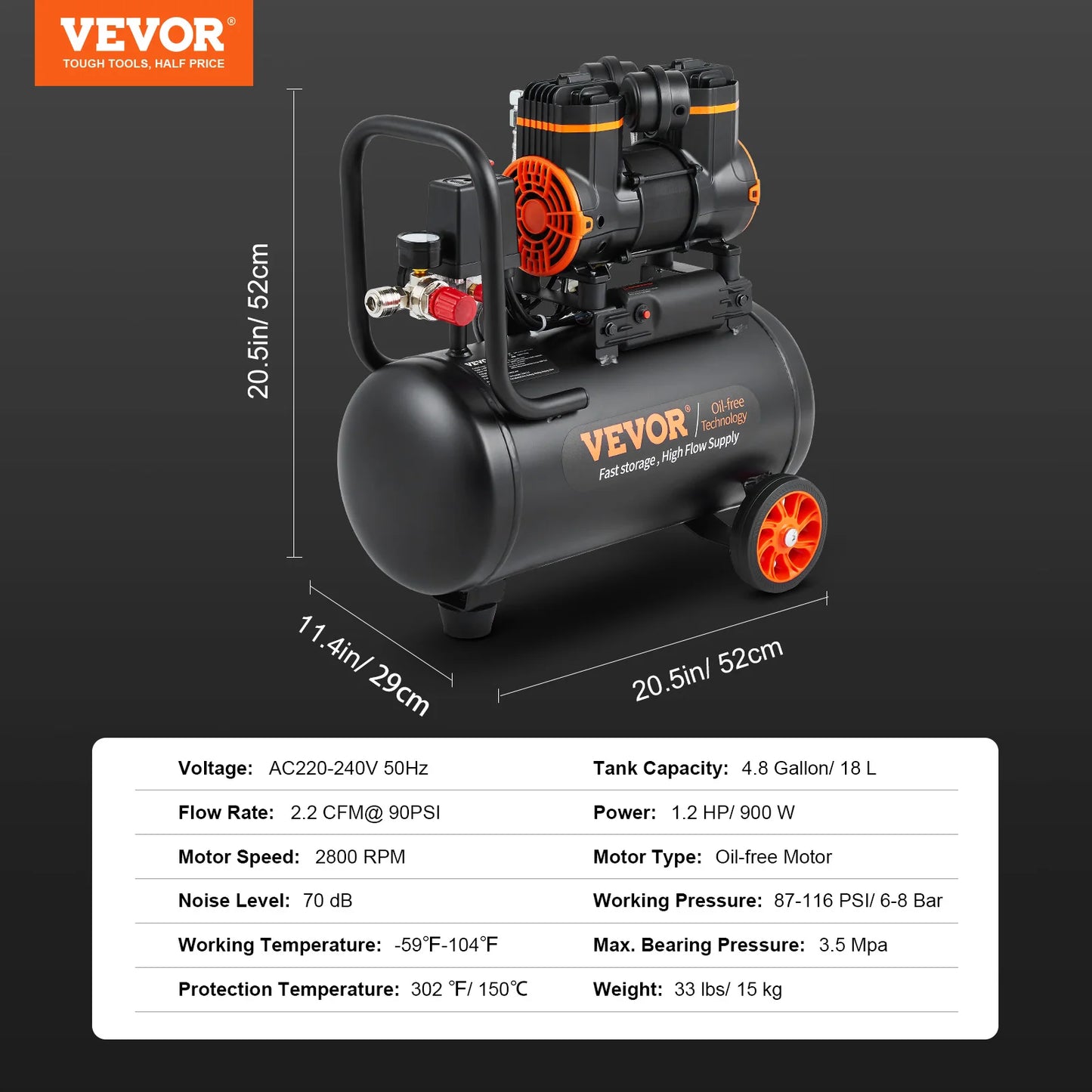 VEVOR Silent Air Compressor 9L 18L 24L 35L Quiet Oil Free Portable Air Pump for Home Repair and Tire Inflation