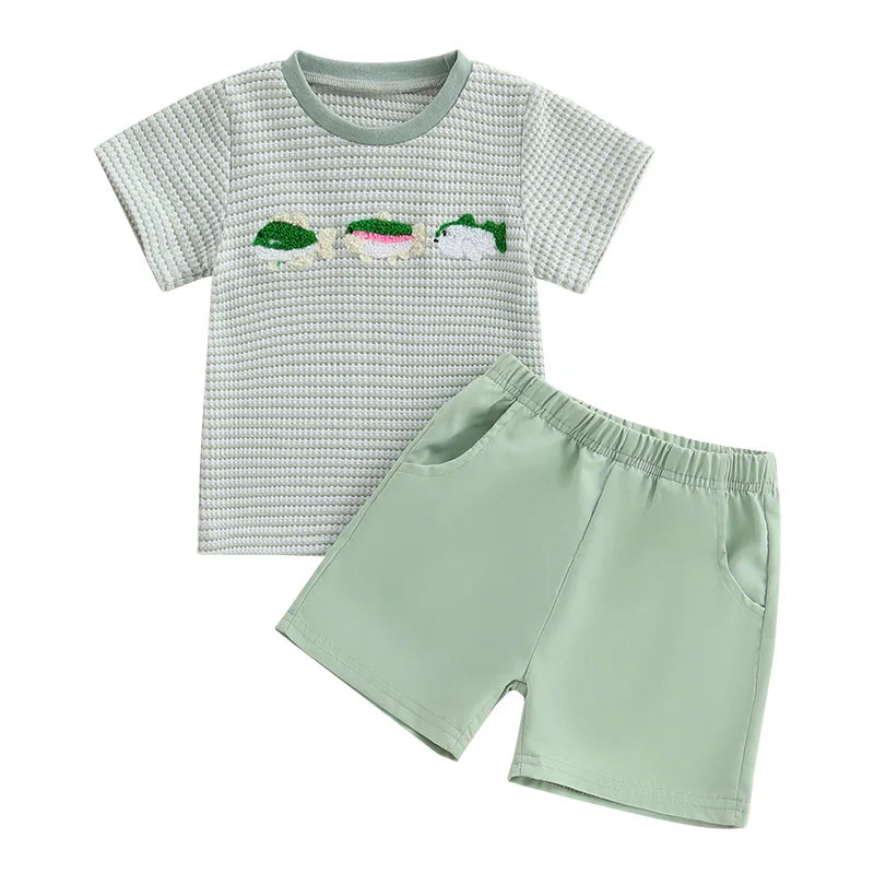 Infant Boy Outfit Set with Cute Animal Embroidery Tee and Stylish Plaid Shorts Summer 2 Piece Set