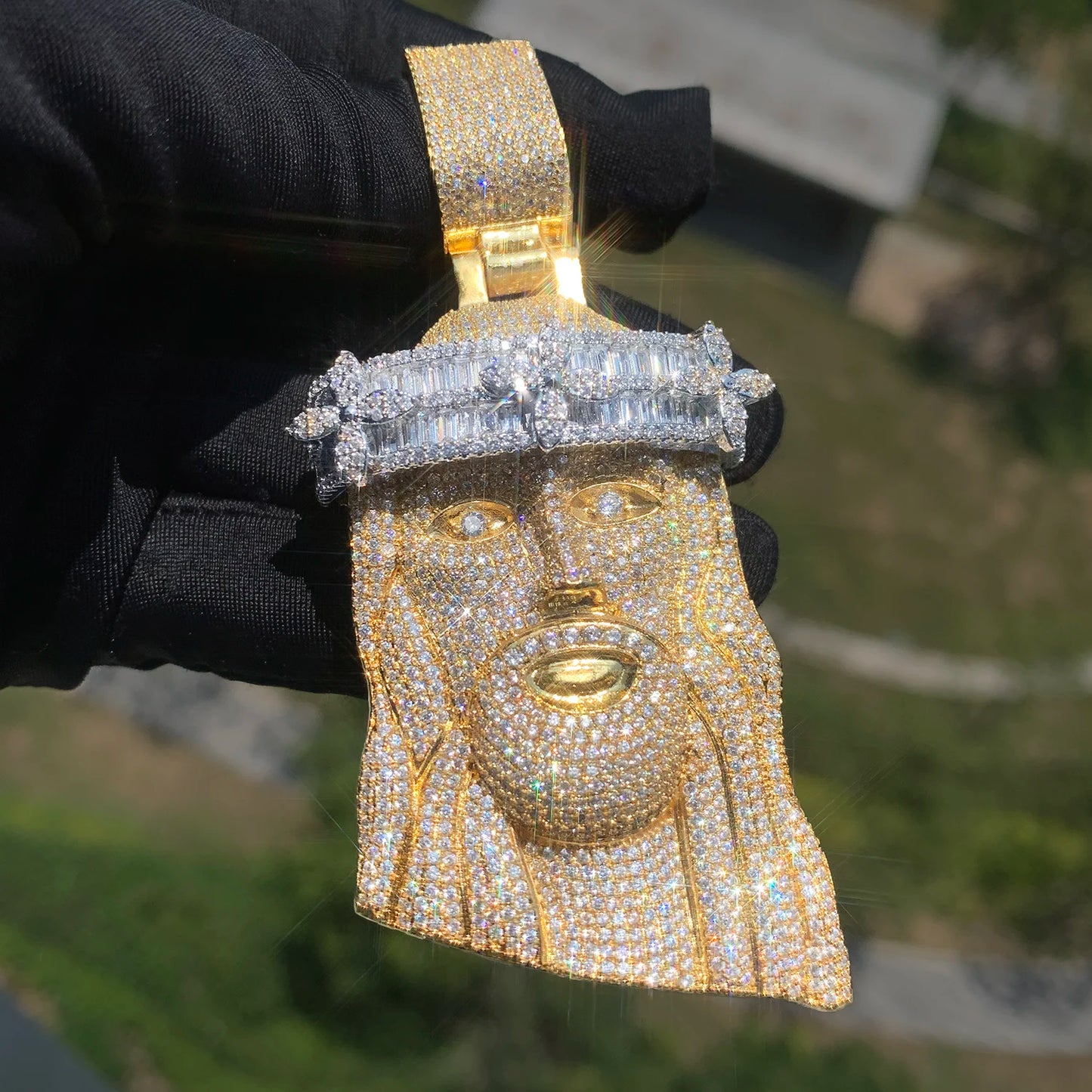 CUC Baguette Zircon Jesus Head Pendant HipHop Necklace Chain