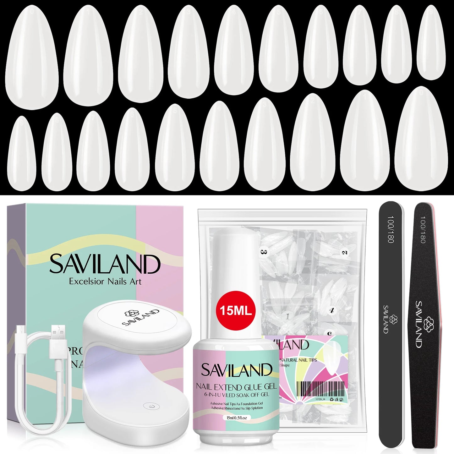 Saviland 500pcs Gel X Nail Kit With UV LED Lamp Almond Tips