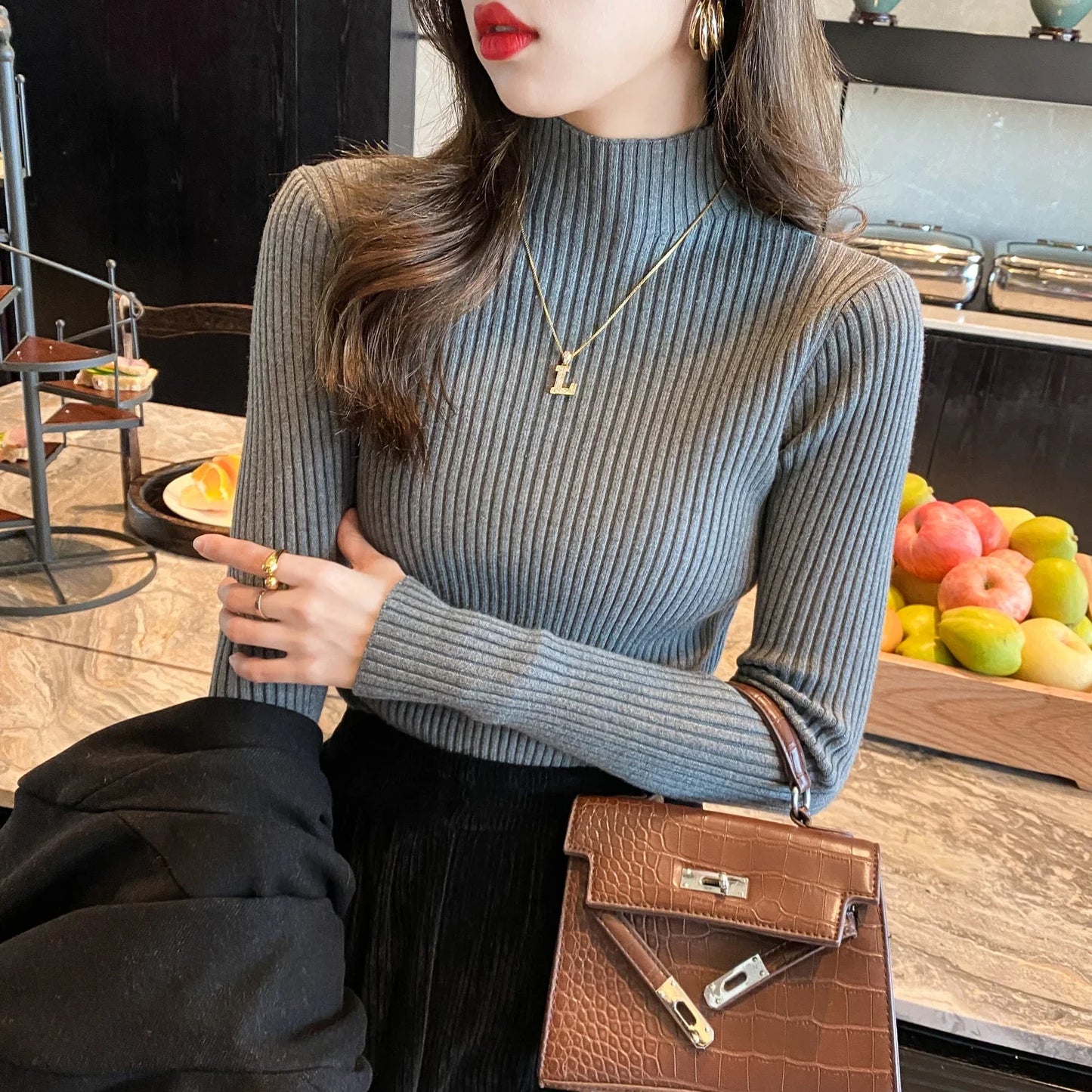 Winter Mock Neck Long Sleeve Knit Sweater For Women Slim Fit