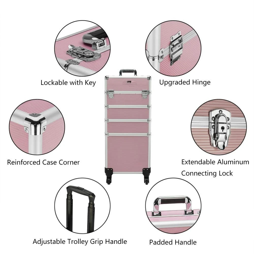 4in1 Rolling Aluminum Makeup Train Case With Wheels