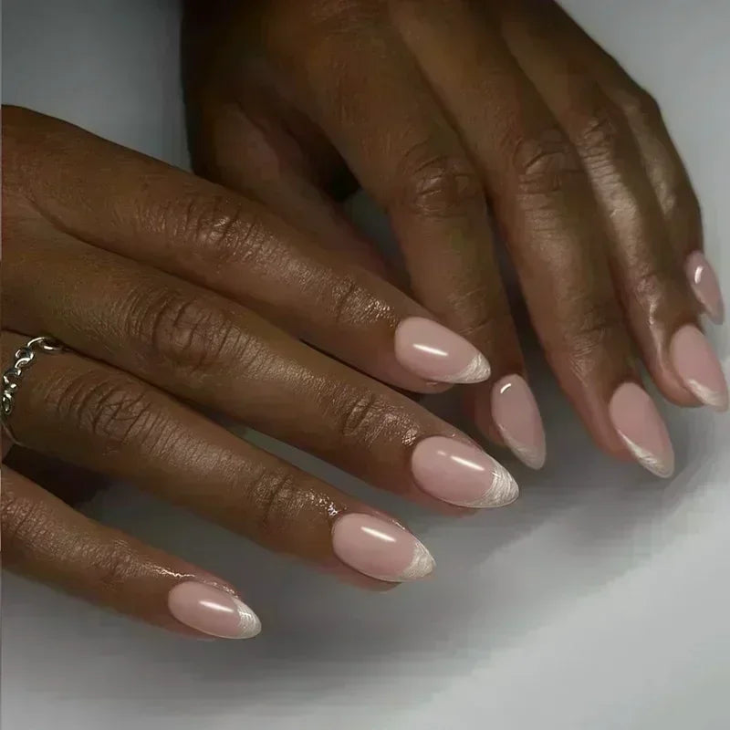 24 Pcs Almond Shape French False Nails with Glue Press On White Edge Design Simple Wearable Pink Stiletto Nail Tips