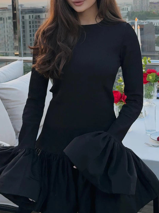 Elegant Velvet Dress for Women Long Sleeve with Ruffles Hem