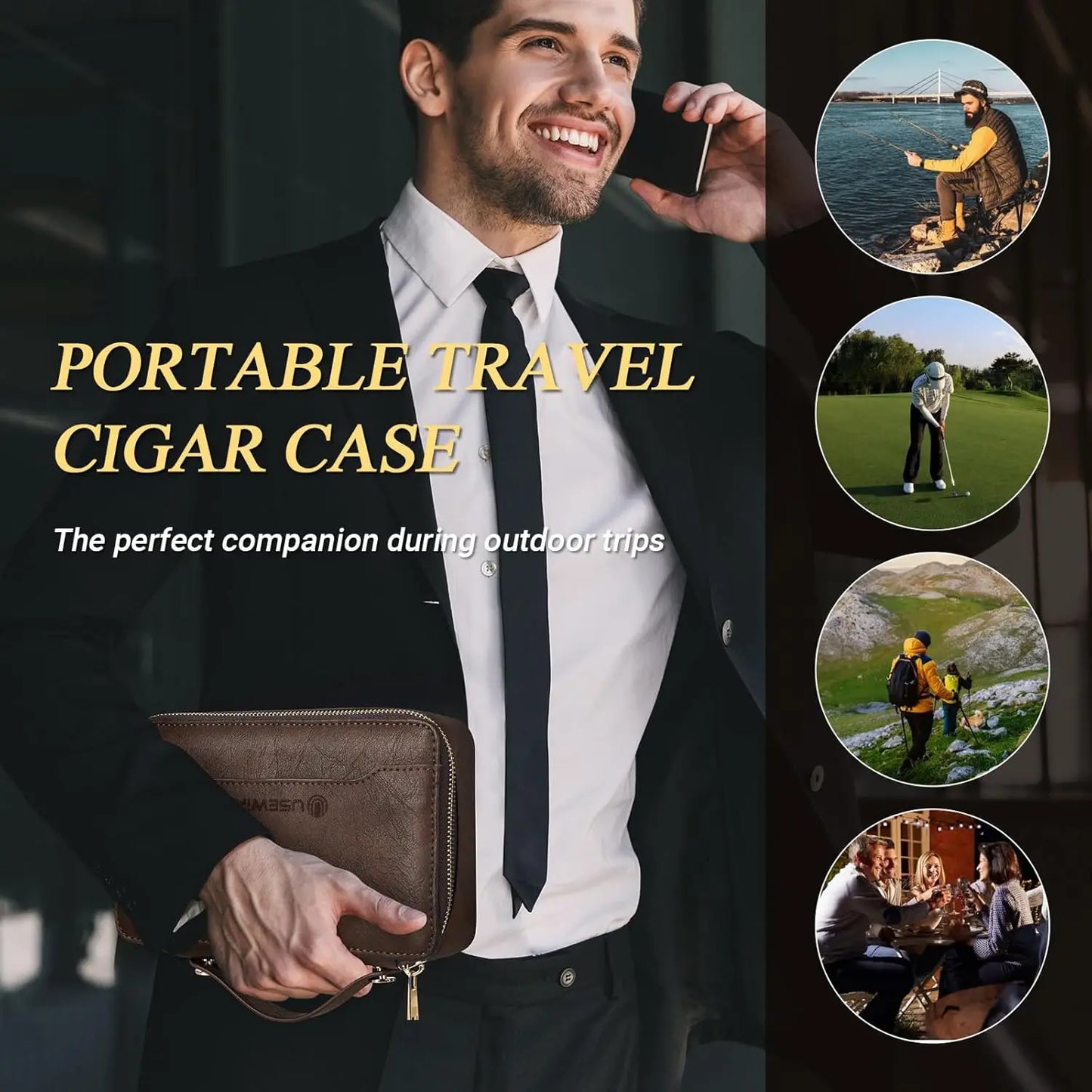Leather Portable Travel Cigar Humidor Case with Lighter and Cutter Holds 5 Cigars Cigar Accessories for Men No Butane