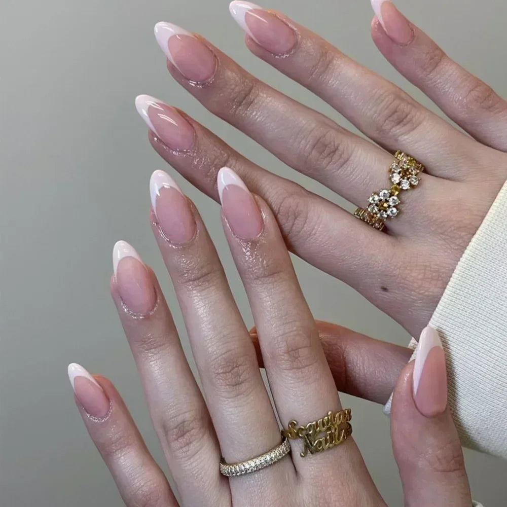 24 Pcs Almond Shape French False Nails with Glue Press On White Edge Design Simple Wearable Pink Stiletto Nail Tips