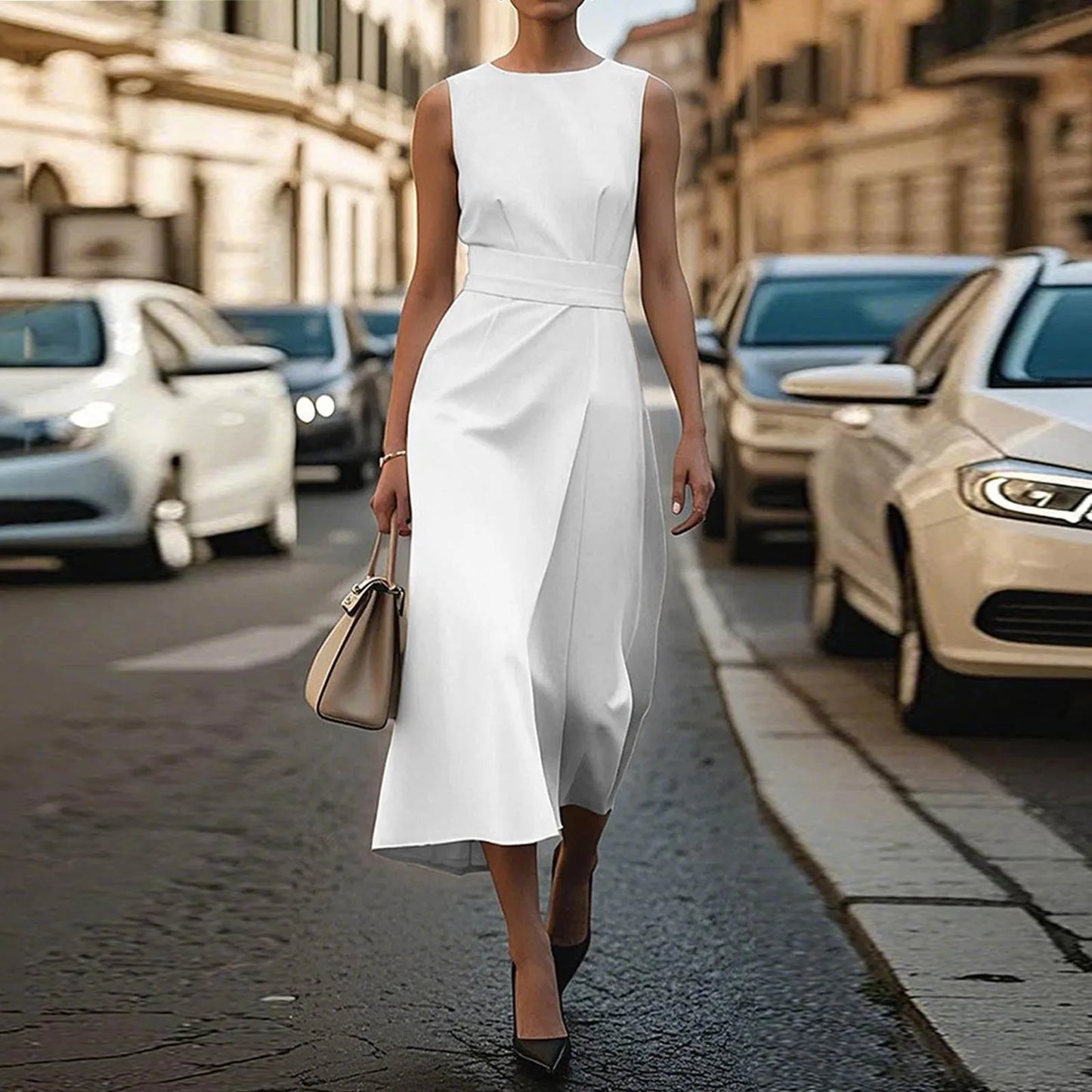 Plus Size Womens Zipper Sleeveless Round Neck Dress Belt