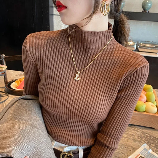 Winter Mock Neck Long Sleeve Knit Sweater For Women Slim Fit