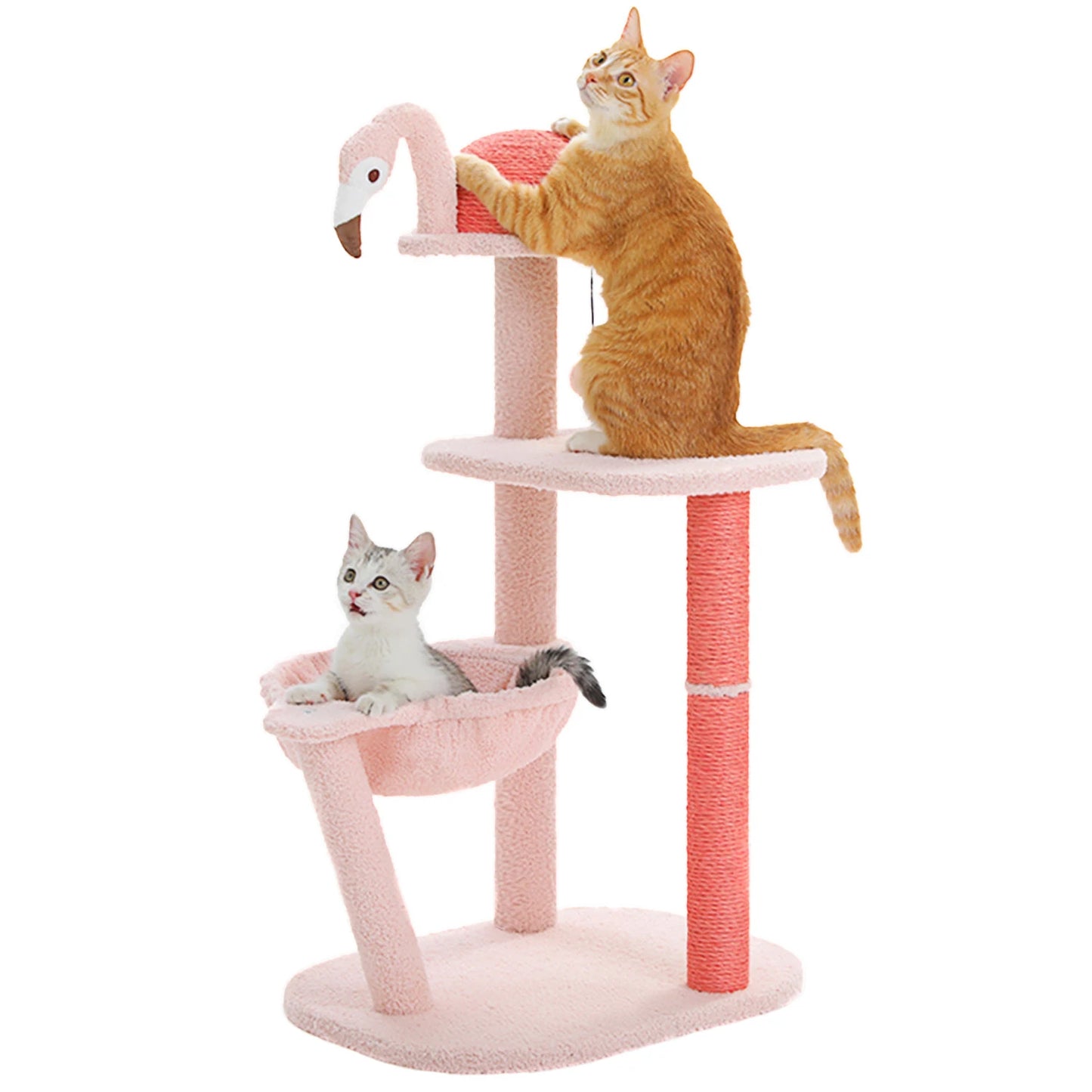 Multi-Level Flamingo Cat Tree with Scratching Posts, Hammock, Perch, Cute Cat Tower, Indoor Pink Cat Scratcher, Kittens Toys
