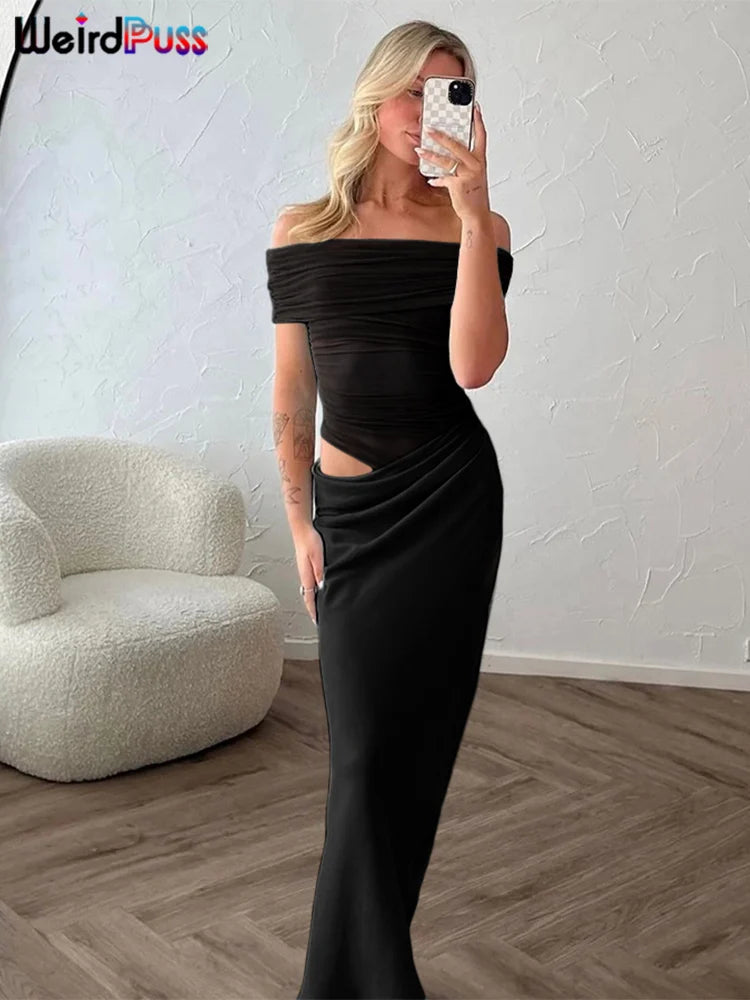 Weird Puss Ruched Irregular Mesh Patchwork Dress for Women