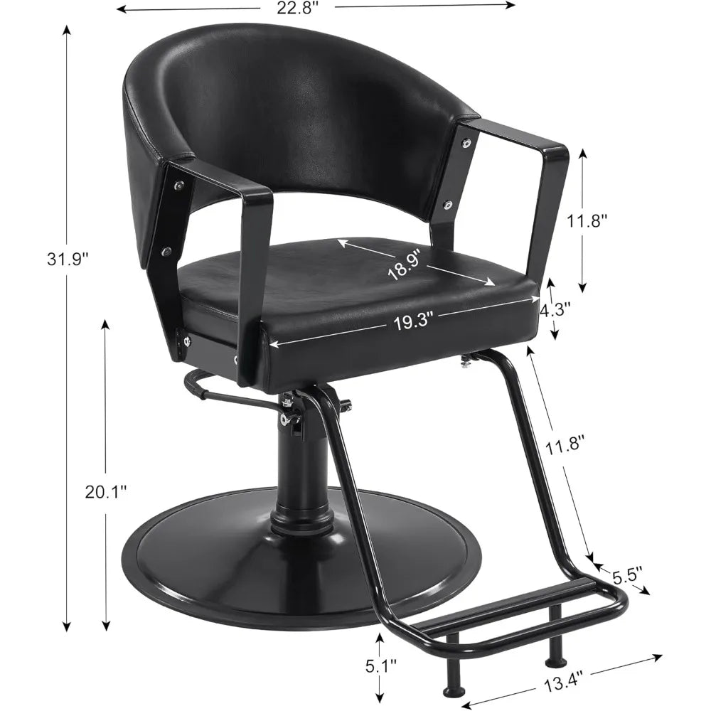 Hydraulic Salon Chair, 360° Swivel Classic Modern Hair Styling Barber Chair, All Black Curved Wooden Hair Cutting Salon Beauty