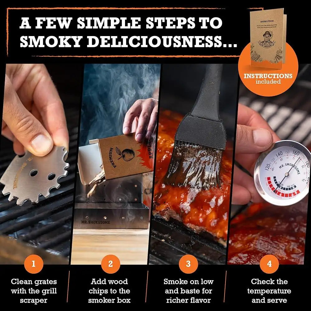 Wood Smoked BBQ Grill Set 12 Pieces Smoker Box Grill Accessories Premium Stainless Steel Meat Thermometer and Chips