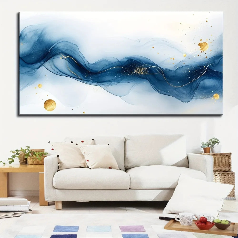 1.5 inch thick pine solid wood frame, living room wall art, large abstract gold and blue gradient painting, interior decoration