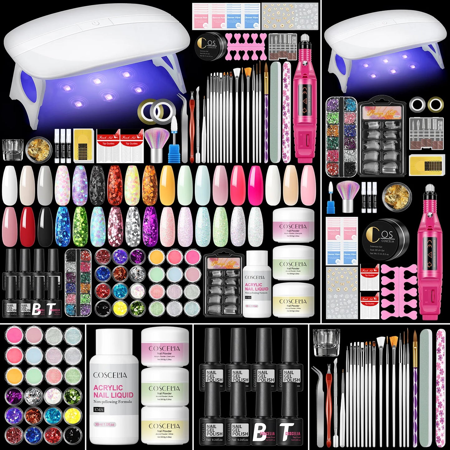 Coscelia Manicure Kits with 6W Nail Lamp Nail Drill Machine and 6PCS 7ML Nail Gel Polish 15ML Clear UV Gel Nail Art Tools