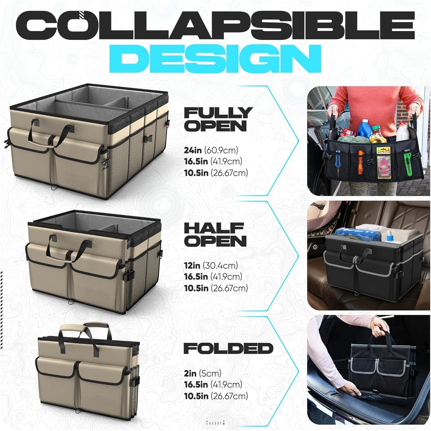 Car Trunk Organizer Collapsible Multi Compartment SUV Organizer Foldable Storage for Car Accessories for Women Men 65L