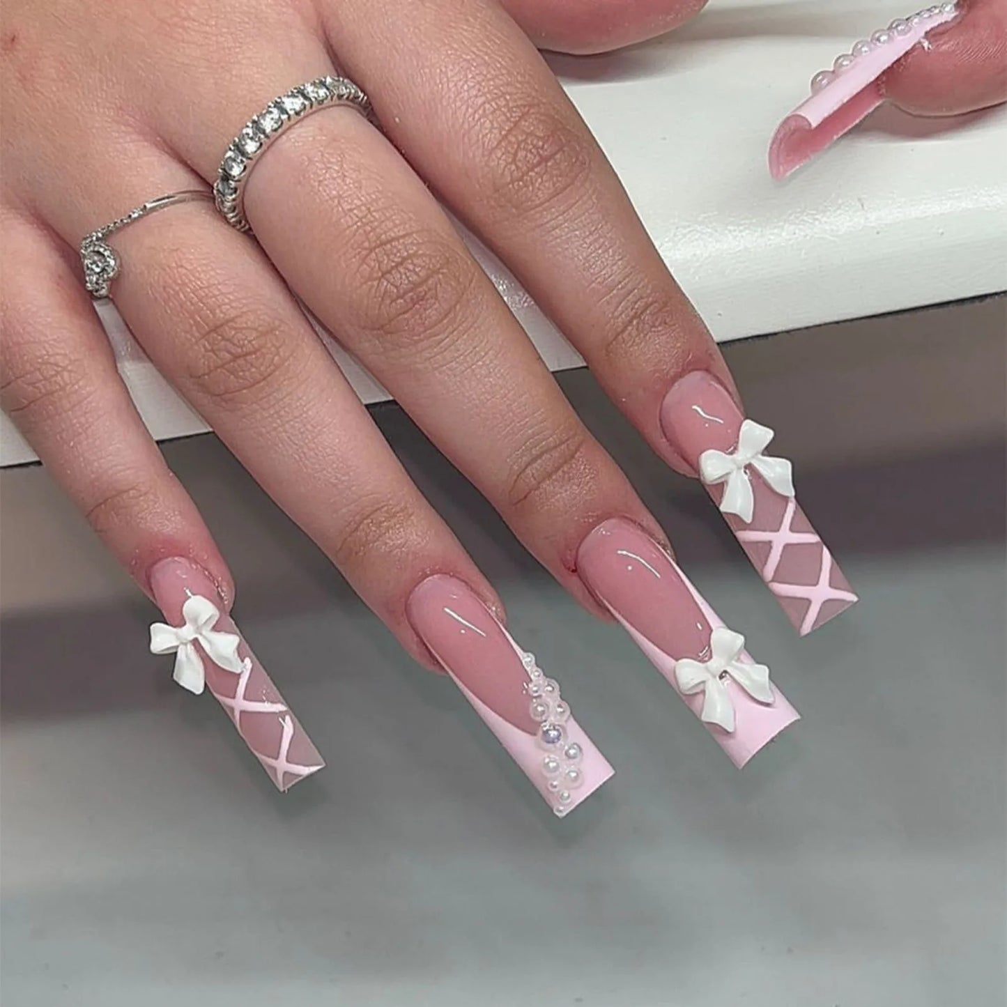Rhinestone White Long Square Fake Nails UV Gel Set Party