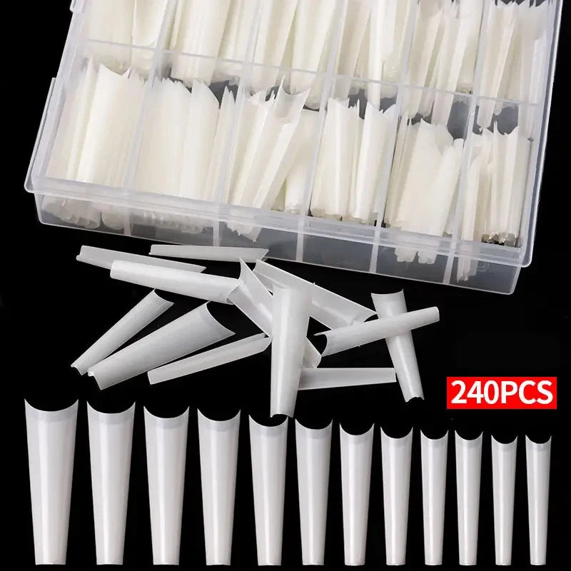 240 Clear Acrylic Nail Tips Half Cover Coffin Shape Artificial Nails Set