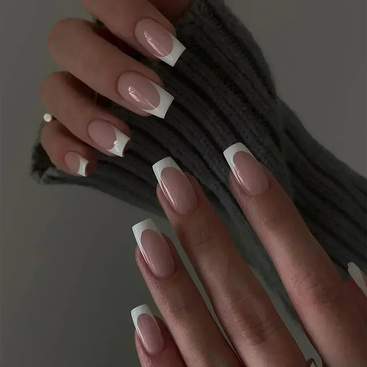 24 Pcs Almond Shape French False Nails with Glue Press On White Edge Design Simple Wearable Pink Stiletto Nail Tips
