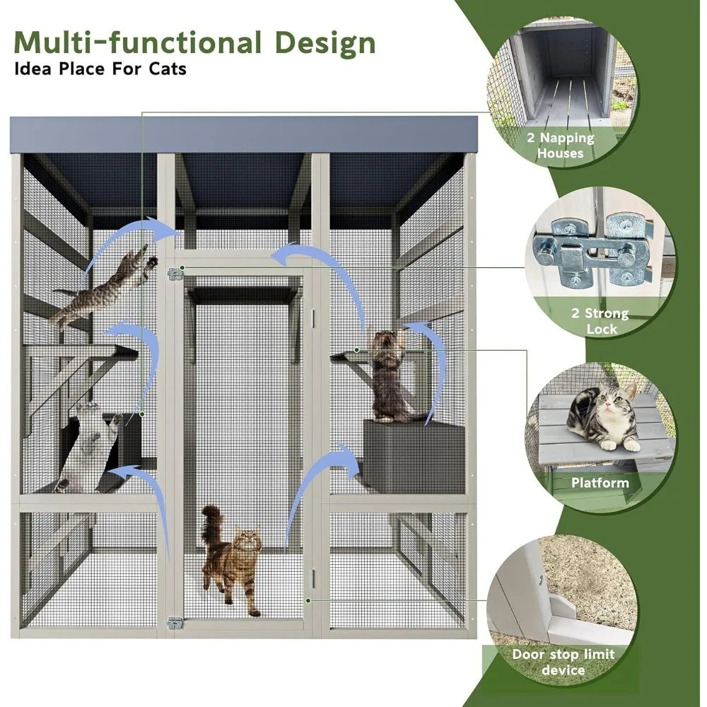 62.6" Spacious Wooden Catio Outdoor Enclosure with Waterproof Canopy, Secure House for Pets, Catio Outdoor Cat Cage Shelter, Gre