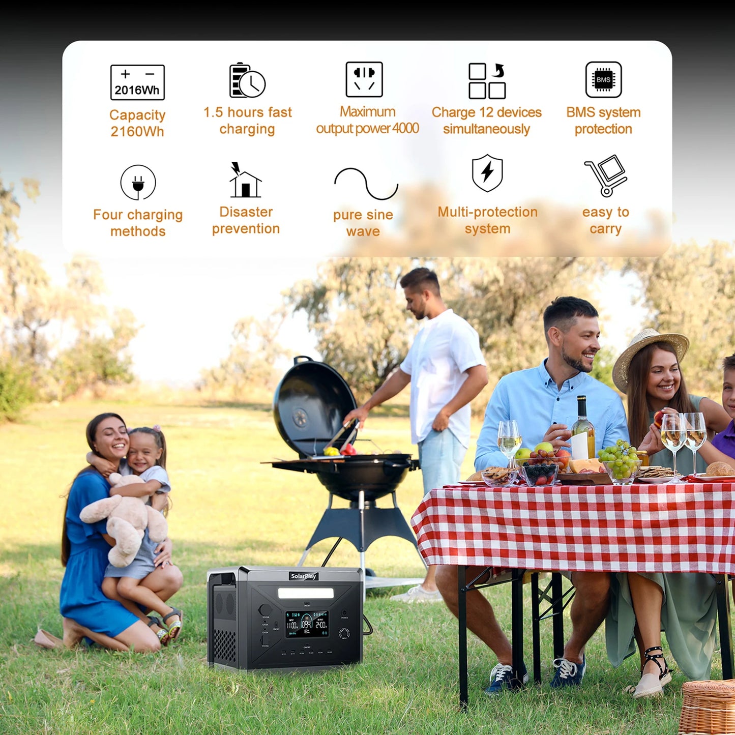 Solarplay Q2501 Power Station Portable Rechargeable 2400W Lifepo4 Battery UPS Function with Hand Trolley for Camping Equipment