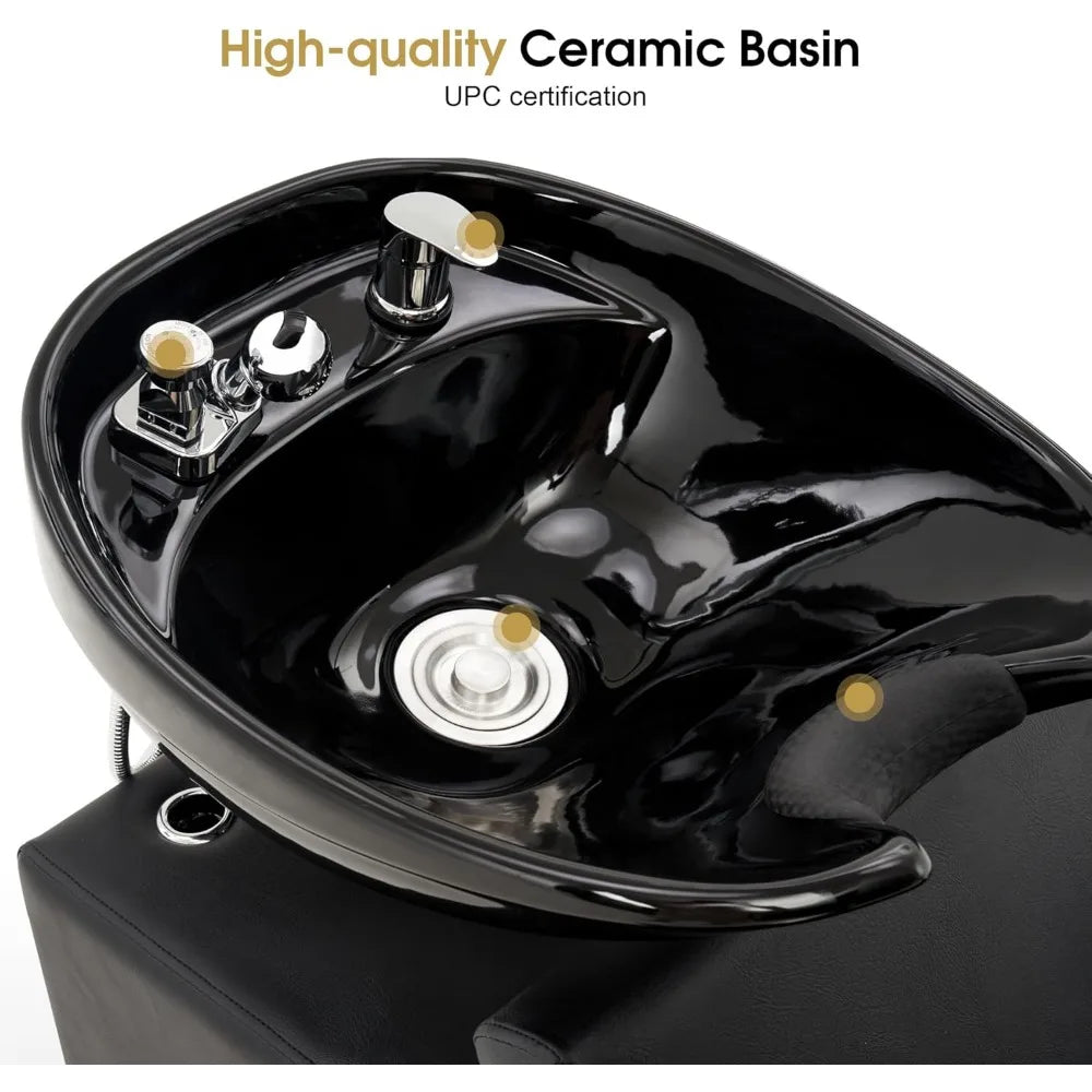 Shampoo Barber Classic Chair, Adjustable Ceramic Shampoo Bowl Sink Chair Station for Spa Beauty Salon 9080 (Black)