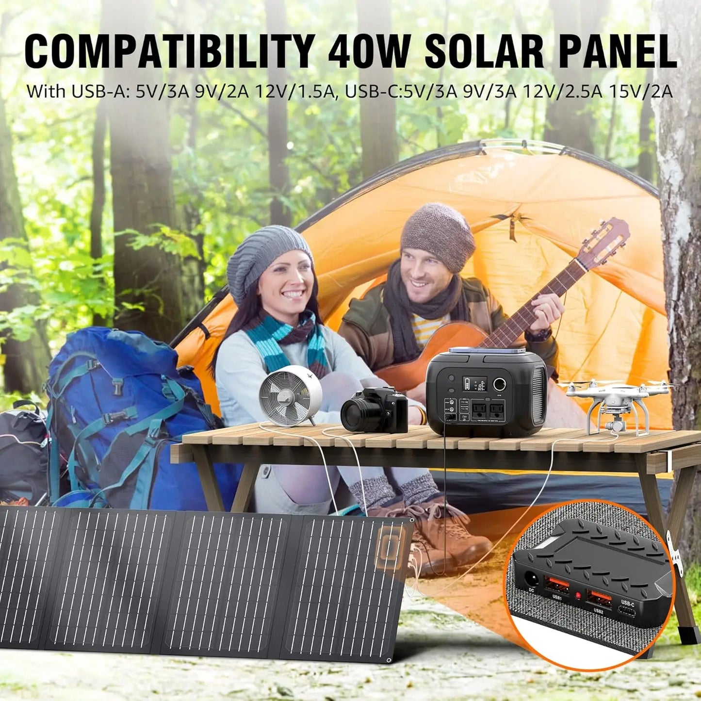 300W 260Wh Portable Power Station with 40W Solar Panels and 110V AC Outlet for Outdoor Travel Camping and RV