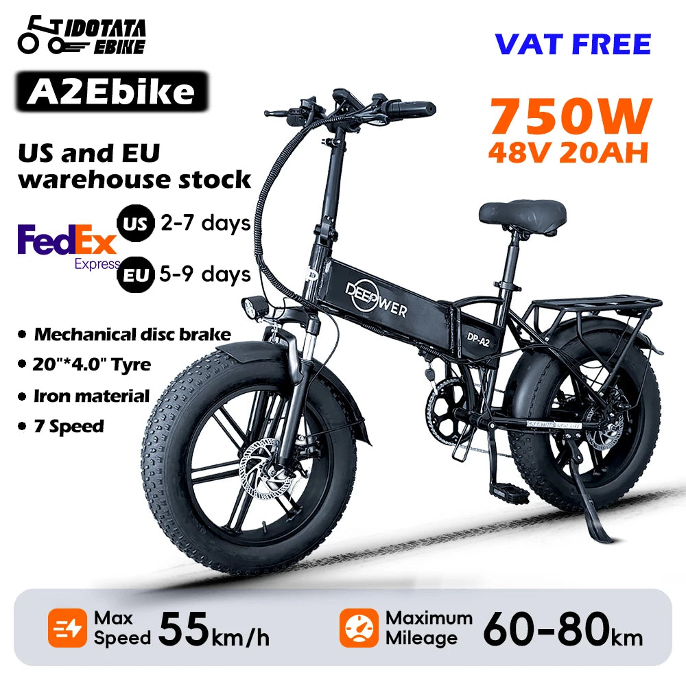 IDOTATA Ebike A2 Electric Bike 750W Motor 48V 20AH Lithium Battery Electric Bicycle Folding 20Inch Fire Tire Adult MTB E-bike