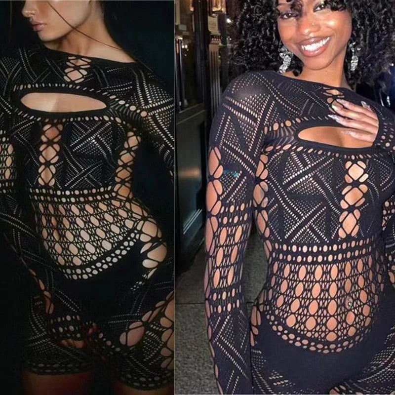 Hollow Lace Mini Jumpsuit Dress With Square Neckline