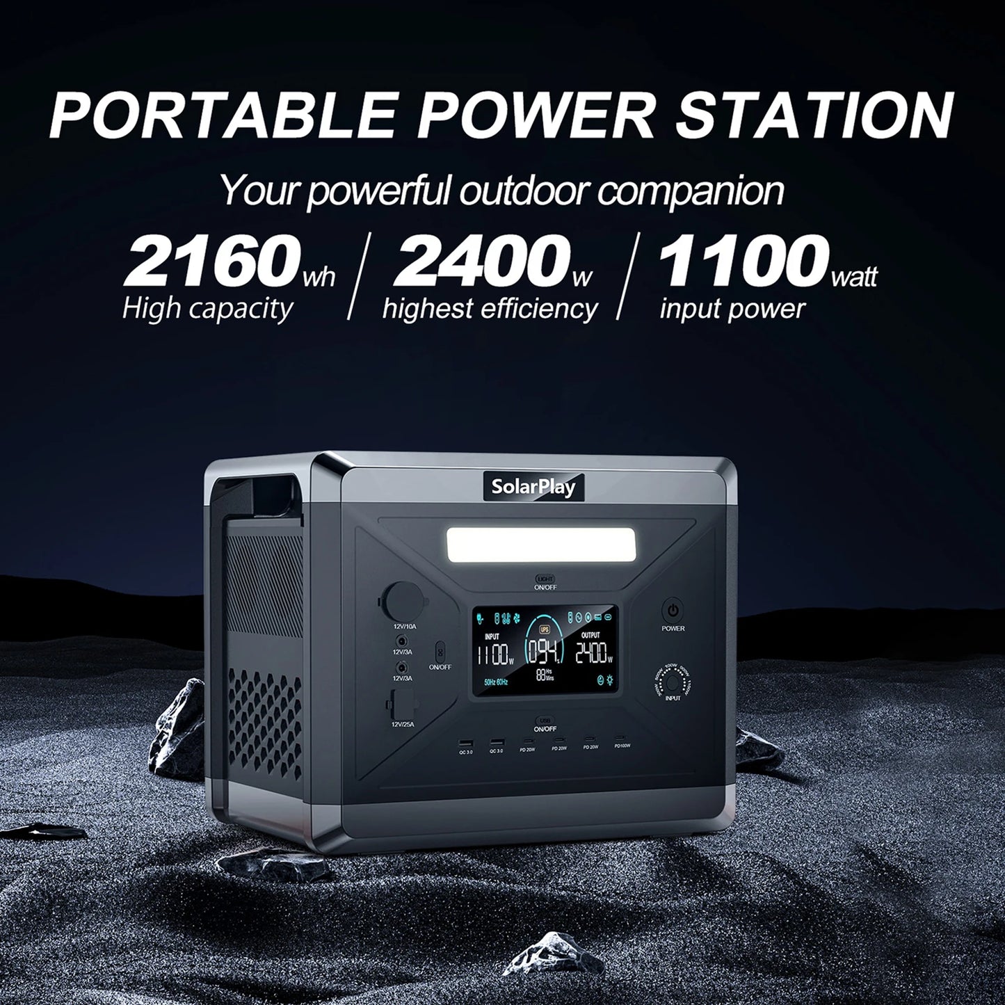 Solarplay Q2501 Power Station Portable Rechargeable 2400W Lifepo4 Battery UPS Function with Hand Trolley for Camping Equipment