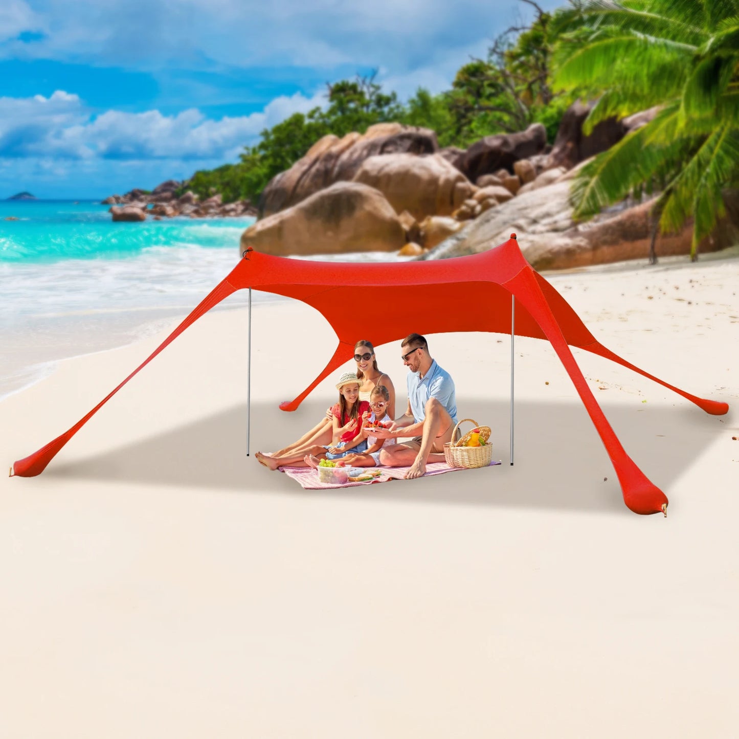 Red 2m x 1.6m Beach Elastic Sunshade Outdoor Tent for 2-3 People Ideal for Beach Camping Fishing and Backyard Picnics