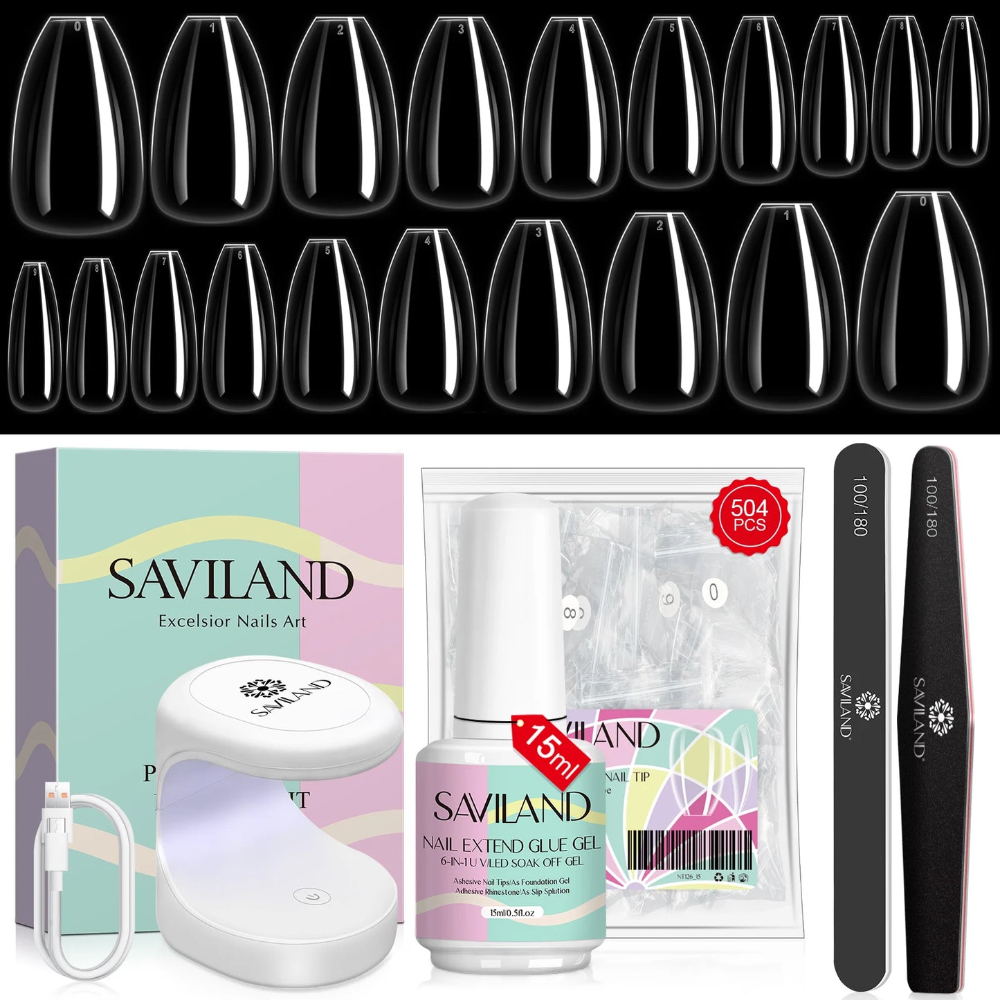 Saviland 500pcs Gel X Nail Kit With UV LED Lamp Almond Tips