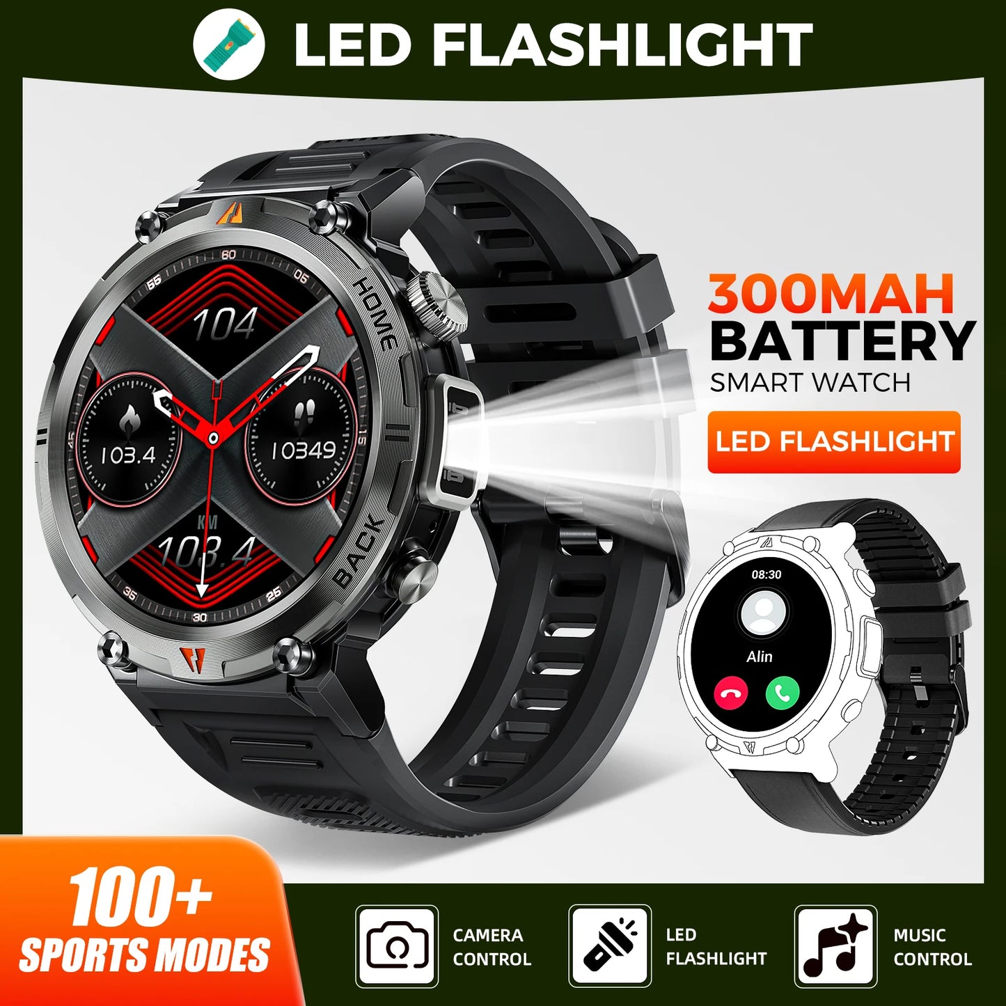 LaNikar KE3 Bluetooth Call Smart Watch for Men Full Touch Screen Health Monitor with Flashlight Compatible with IOS and Android