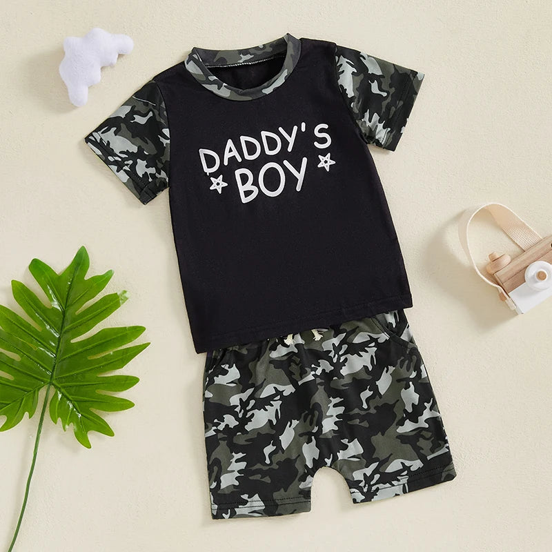 Toddler Boys Casual Outfits Camo Print Tee and Elastic Waist Shorts Set